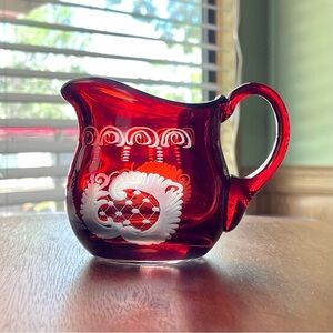 *VINTAGE* EGERMANN Creamer Pitcher - RUBY Cut~to~Clear Jug -  Etched Czech